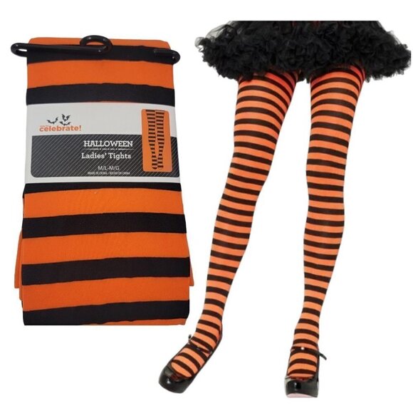 Way To Celebrate Women's Halloween Orange Stripe Tights - Various - New - Picture 1 of 9